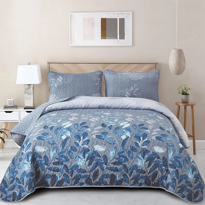 WONGS BEDDING Blue Quilt Set Queen Size,3 Pieces Navy Blue Floral Bedspread Coverlet Set,Soft Microfiber Lightweight Floral Bedding Set Queen 96"x90"