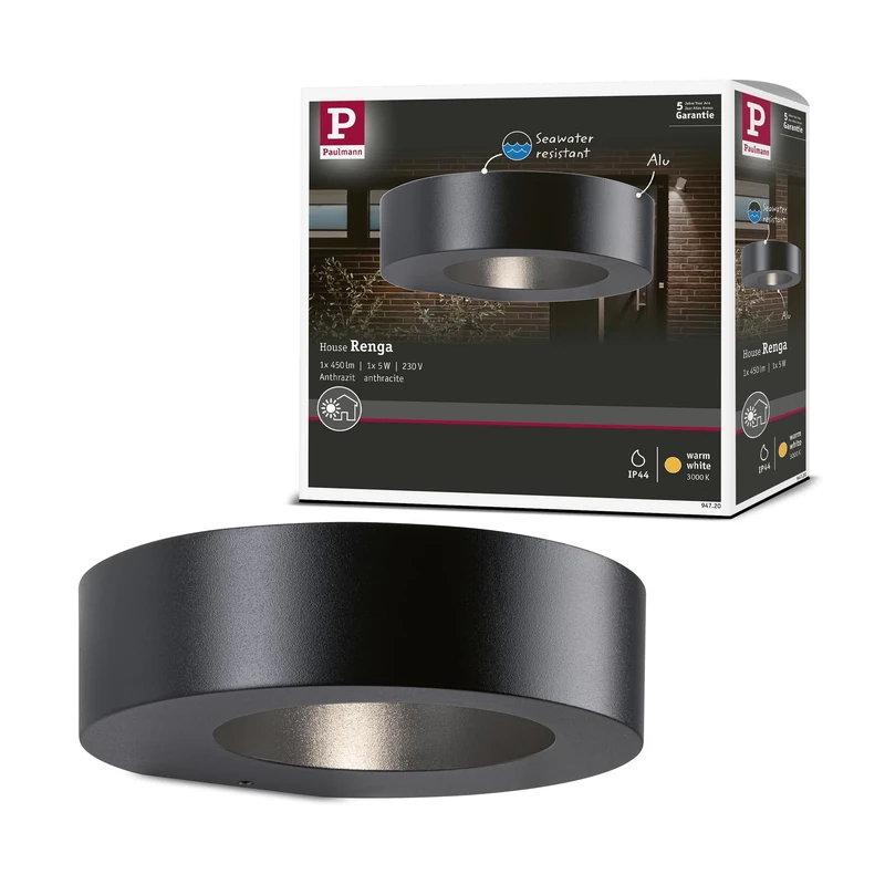Paulmann 94720 LED outdoor luminaire wall luminaire Renga seawater resistant IP44 181x172mm 3000K 5W 270lm 230V anthracite aluminium