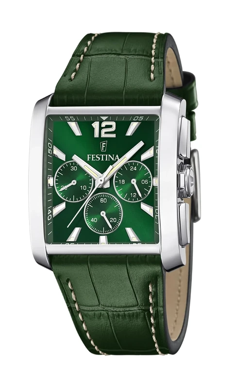 Festina F20636/3 Men's Analogue Quartz Watch with Leather Strap, Silver-Green, Classic