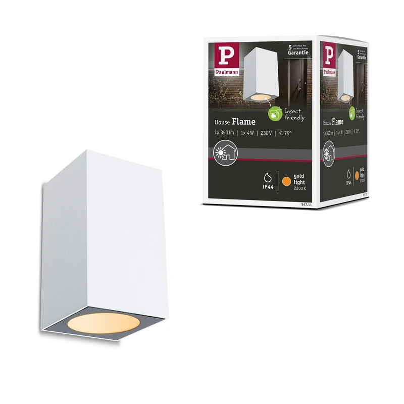 Paulmann 94711 LED outdoor luminaire wall luminaire Flame insect-friendly IP44 rectangular 58x103mm 2200K 4W 265lm 230V 75° white metal gold light