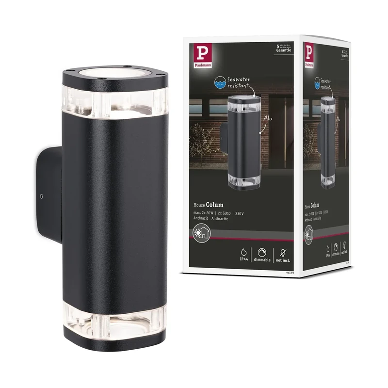 Paulmann Colum 94719 Outdoor Wall Light Sea Water Resistant IP44 80 x 112 mm Max. 20 W 230 V Anthracite Aluminium Without GU10 Bulb