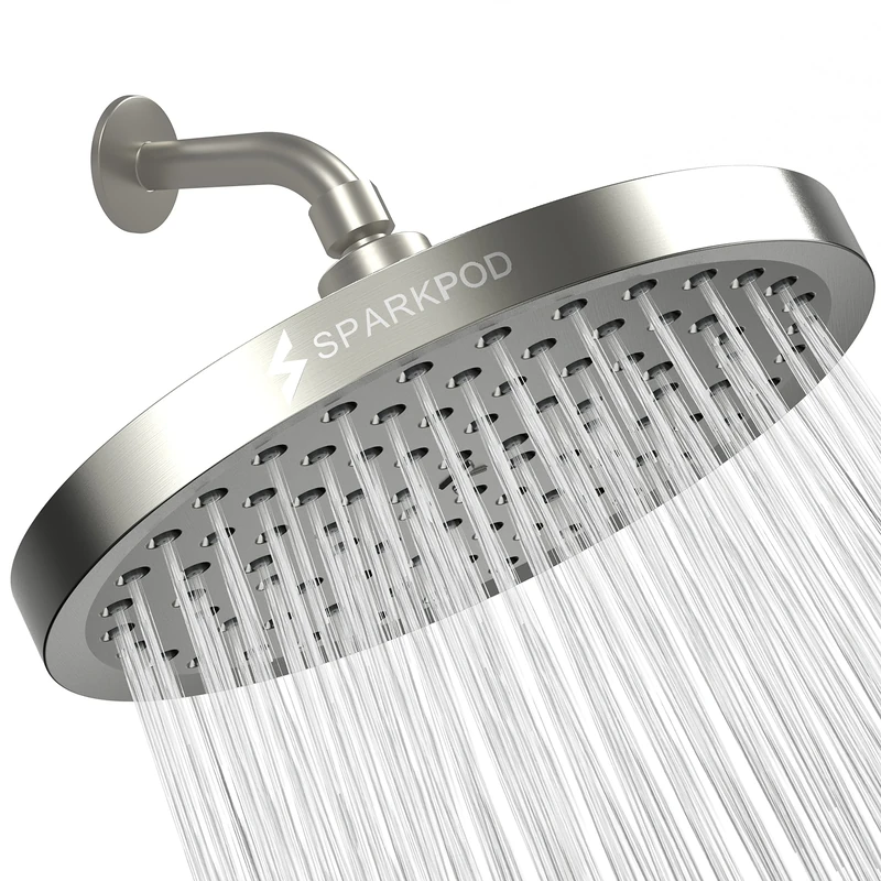 SparkPod Fixed Shower Head - High Pressure Rain - Luxury Modern Look - Easy No-Tool Installation - Perfect Adjustable Replacement for Your Bathroom Shower Heads (20 cm Round, Elegant Brushed Nickel)