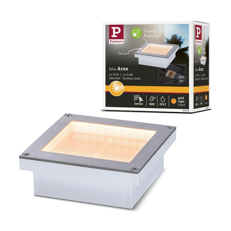 Paulmann 94724 LED solar in-ground light Aron motion sensor insect friendly IP67 100x100mm 2200K 0.5W 25lm white square stainless steel, plastic