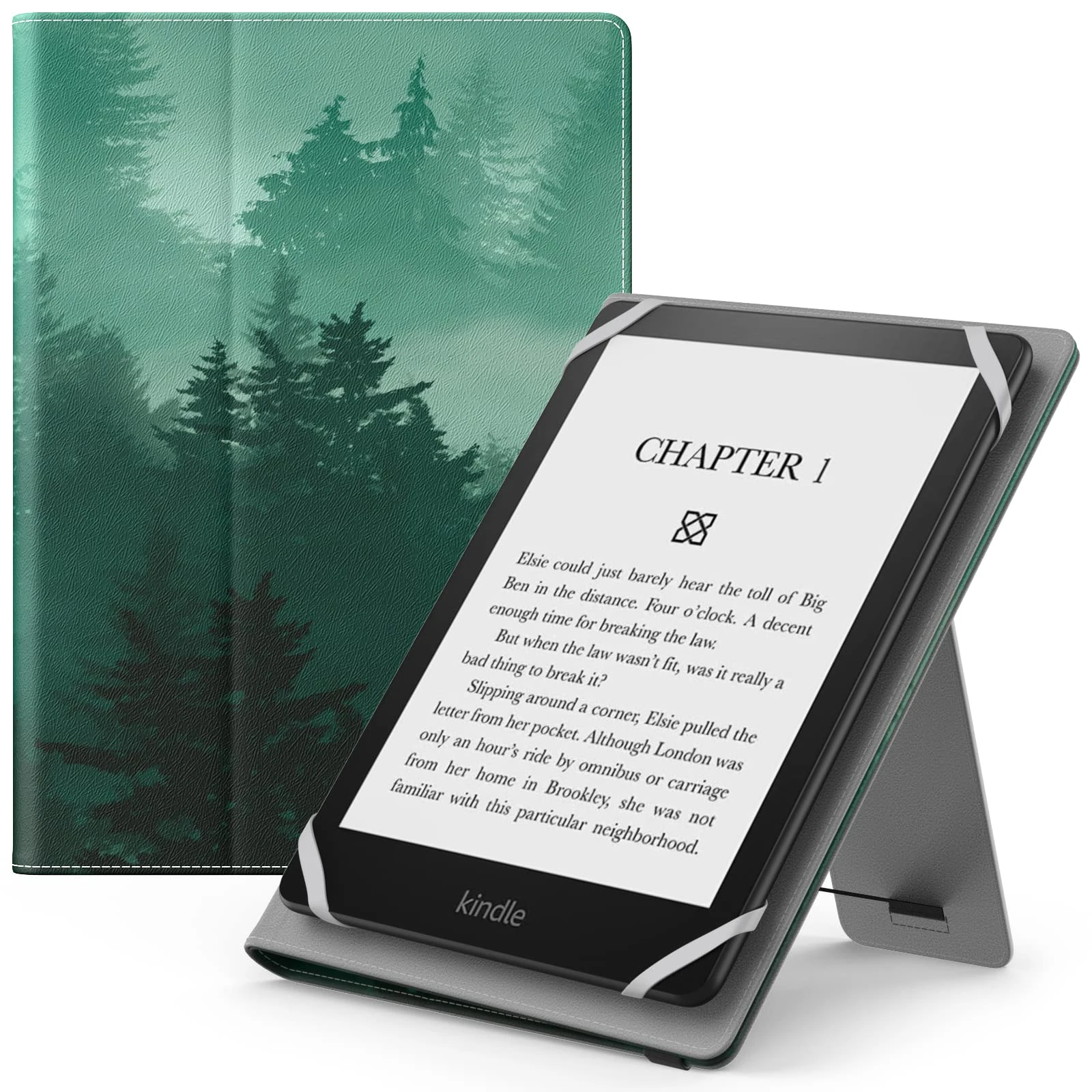 MoKo Universal Case for 6" 6.8" 7" Kindle eReaders Fire Tablet - PU Case with Adjustable Stand and Hand Strap, Green Forest