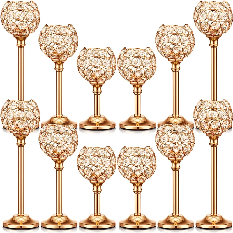 Mimorou 12 Pack Crystal Candle Holders Gold or Silver Candle Holders Bulk Decorative Tealight Candle Holder for Wedding, Party, Christmas Table Centerpieces Decoration (Gold)
