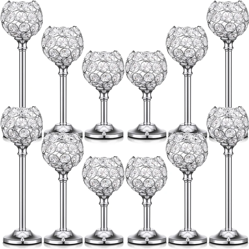 Mimorou 12 Pack Crystal Gold or Silver Candle Holders Bulk Decorative Tealight Candle Holder for Wedding, Party, Christmas Table Centerpieces Decoration (Silver)