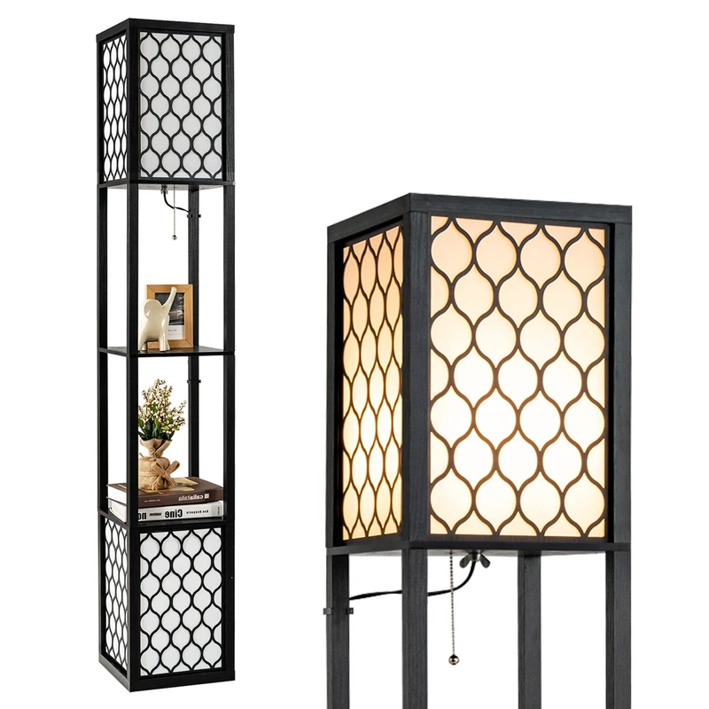 GiantexUK Wooden Floor Lamp, 2 Layers Shelf Tall Standing Light