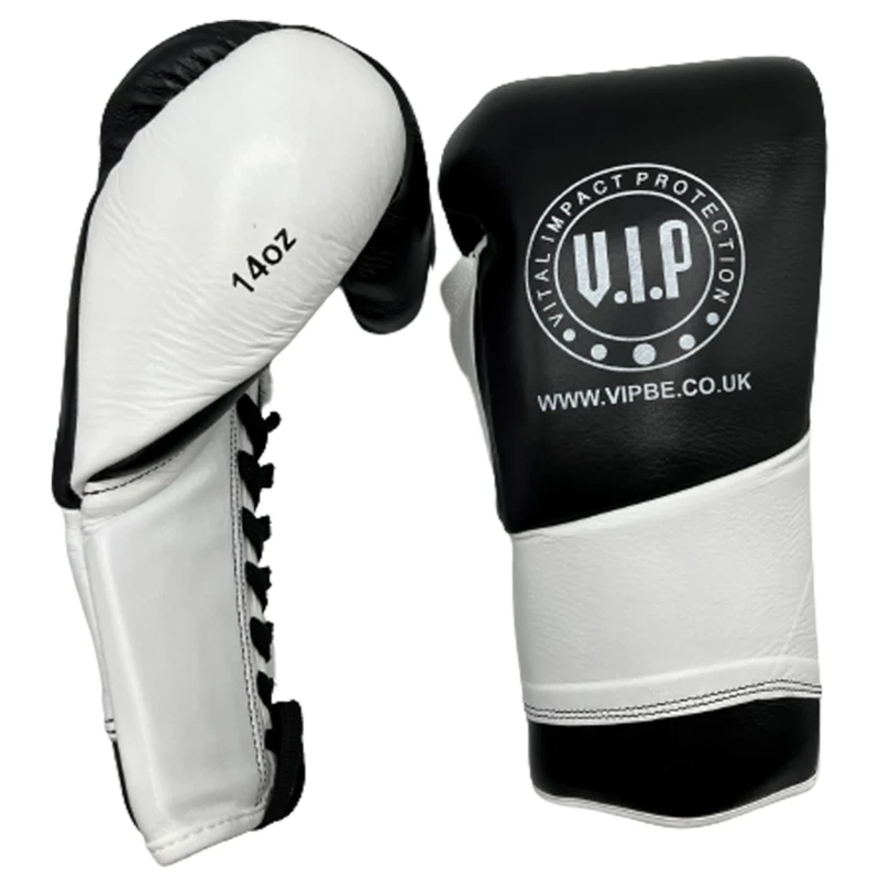VIP Vital Impact Protection Mens Athena 2 Leather Laced Boxing Sparring Competition MMA Martial Arts Fitness Pro Sparring Boxing Gloves, White/Black, 14 Oz
