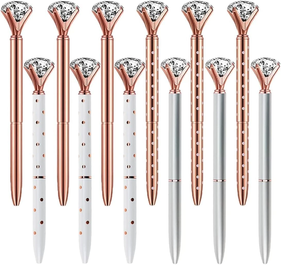 Eyourlife 12 PCS Diamond Crystal Pens, Rose Gold Metal Ballpoint Pen 0.5mm Black Ink Gel Pen with 4 Ballpoint Pen Refills for School Stationery Office Supplies