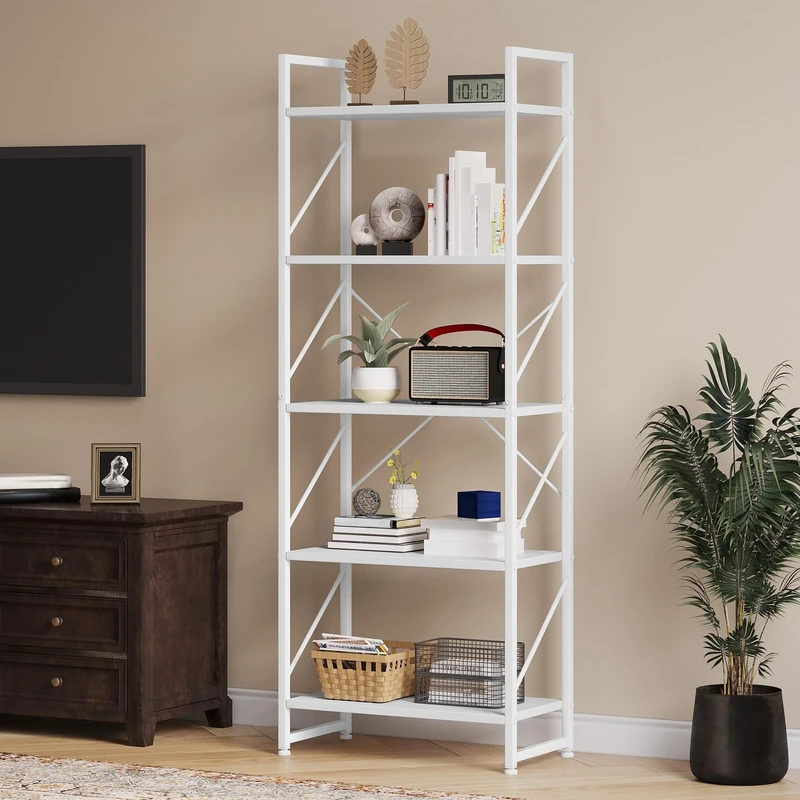YITAHOME Bookcase 5 Tiers, Floor Standing Book Shelf, Wooden Shelf and Metal Frame Book Rack, Display Storage Rack Shelving Units for Living Room, Home Office - Pure White Bookshelf