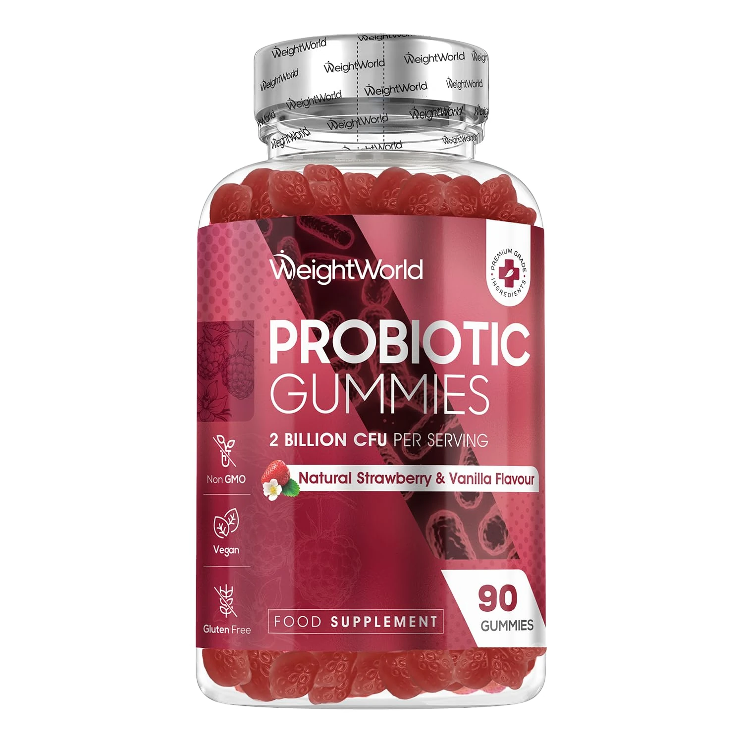 Vegan Probiotic Gummies with Prebiotic - 45 Days Supply (90 Gummies) - Natural Strawberry & Vanilla Flavour - Spore-Forming Bacillus Coagulans Strain & Prebiotic Fibre Inulin - for Men & Women