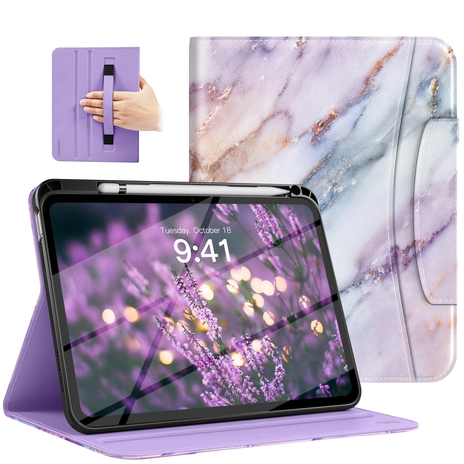 MoKo for New iPad (A16) 11th Generation Case 11-inch 2025, iPad 10th Generation Case 10.9" 2022 with Pencil Holder & Pocket, Premium Leather Folio Stand Cover, Multiple Viewing Angles, Purple Marble