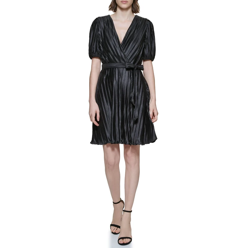 DKNY Women's Puff Sleeve V-Neck Pleated Dress, Black, 4