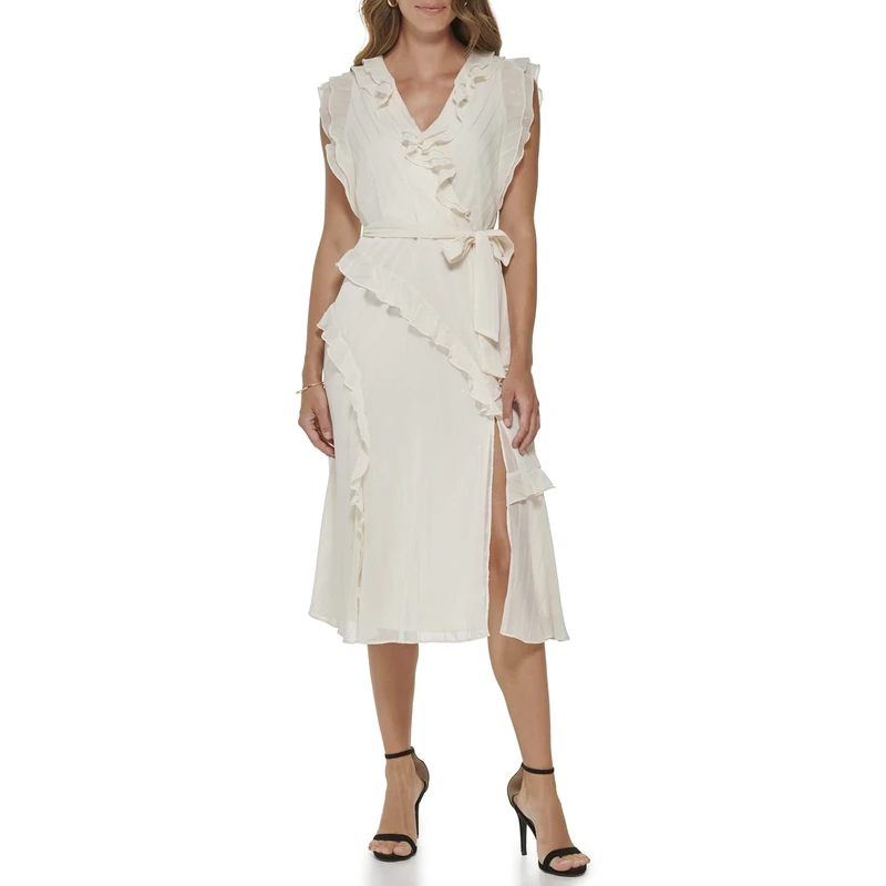 DKNY Women's Sleeveless Midi Dress with Ruffled Trim and V-Neck Lurex Striped Chiffon, Cream/Silver, 6