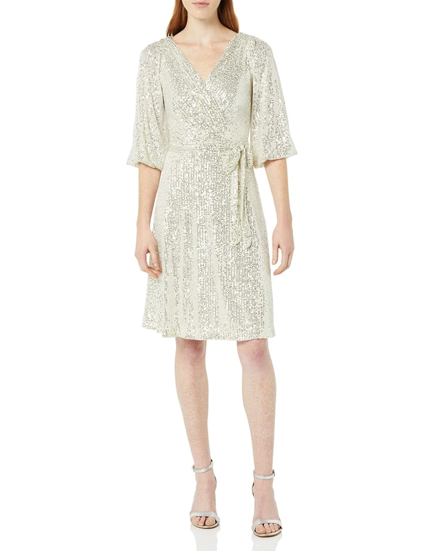DKNY Women's Long Sleeve Sequin Surplice Faux Wrap Dress, Silver, 16