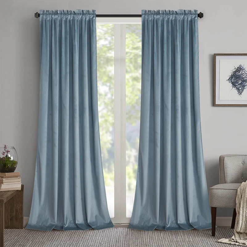Roslynwood Stone Blue Velvet Curtains Light Blocking - Classic Solid Christmas Decorative Thermal Insulated Curtains for Living Room Curtain Door, 52x108 Inch, 2 Panels