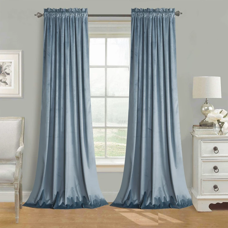 Roslynwood - Velvet Curtains Blackout Light Blocking Decorative Classic Christmas Thermal Insulated Window Treatment Rod Pocket 52 x 96 inches W x L 2 Panels, Stone Blue
