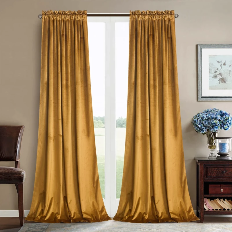 Roslynwood Mustard Velvet Curtains for Bedroom, Black Room Darkening Thermal Insulated Window Curtain Drapes for Living Room/Office/Apartment/Bathroom, W52 x L108, 2 Panels/Rod Pocket