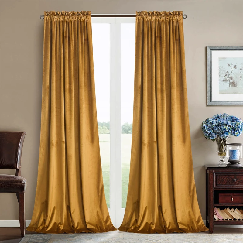 Roslynwood Mustard Velvet Curtains 84 inches Long - Rod Pocket Thermal Insulated Block Light Home Decor Drapes Window Treatment for Dining Room/Bedroom/Living Room,Mustard, W52 x L84, 2 Panels