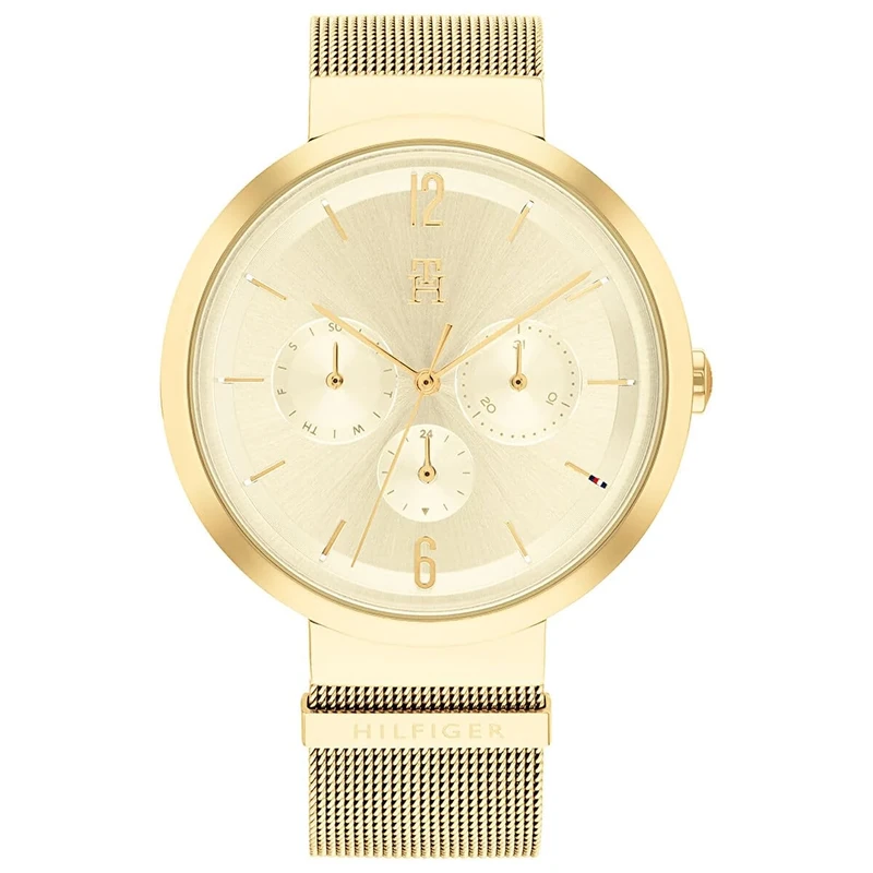 Tommy Hilfiger Analogue Multifunction Quartz Watch for Women with Gold Colored Stainless Steel Mesh Bracelet - 1782539