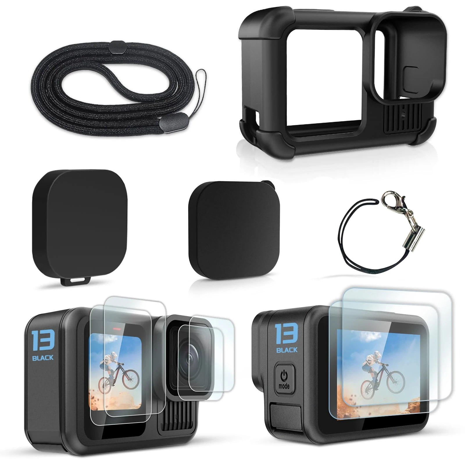 FiTSTILL Black Silicone Protection Kit for Go Pro Hero 13 Black, Silicone Lens Cover, Screen Protector and Adjustable Strap, Accessory Kit for Go Pro Hero 13