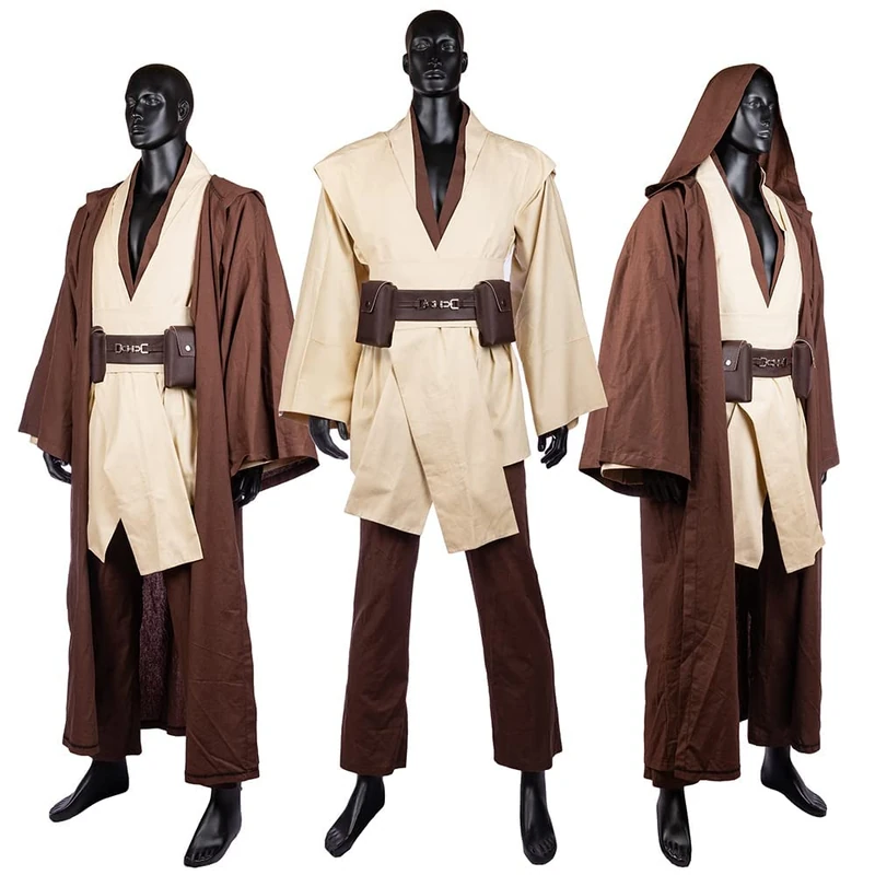 Horizoncos Jedi Costume Robe Adult Male Obi Wan Kenobi Costume Hooded Uniform Full Set Halloween Cosplay Cloak, Adult, XL
