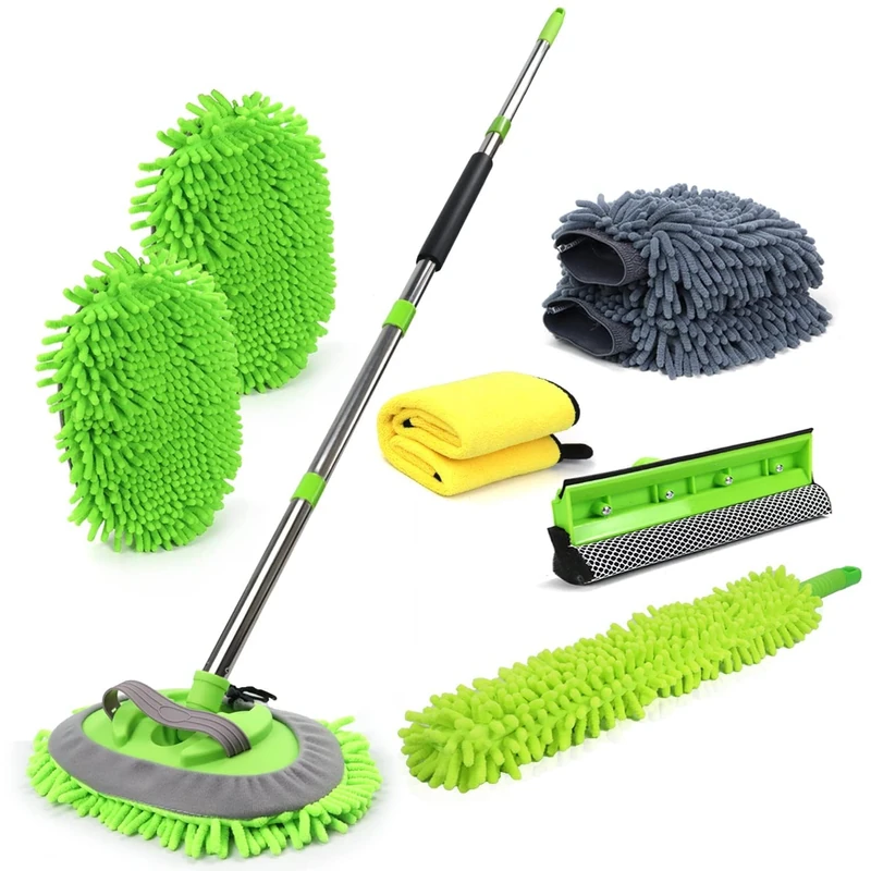 HITJOY 62'' Car Wash Brush Kit with Long Handle, 11PCS Car Cleaning Tools, Microfiber Mitts, Windshield Squeegee, Duster, Towel, Gloves for Cars, SUV, RV, Trucks, Green - Image 1