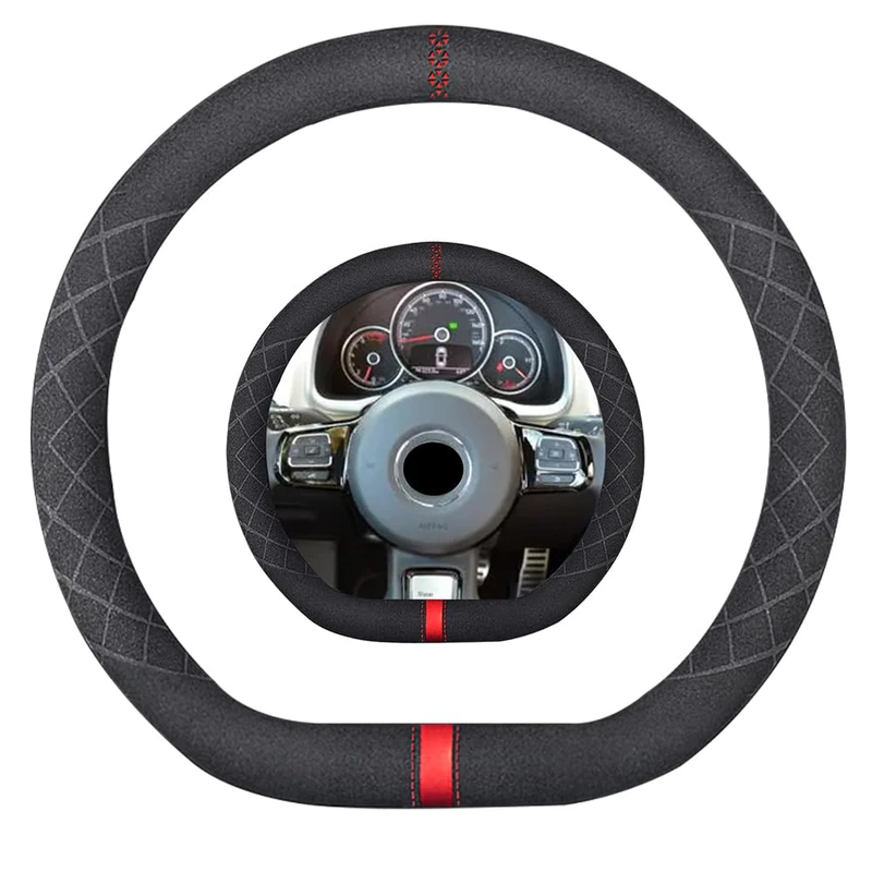K LAKEY Suede D Shape Steering Wheel Cover,Compatible with Volkswagen Beetle Passat Golf Polo Tiguan Atlas Jetta SuedeLeather Sport Non-Slip Wheel Cover Car Accessories 15 inch for Man and Women