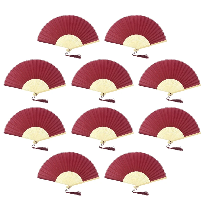 FANSOF.FANS Pack of 10 Chinese Folding Hand Fans – Silk Fabric Handheld Fan with Bamboo Ribs & Tassel, Wedding Fans for Guests, Bridal Shower & Hen Party Favours, Paper Fan Style Wedding Props