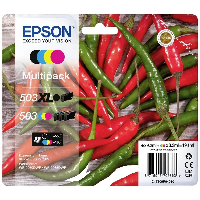 Epson 503XL Chillies, Genuine Multipack, XL Black Standard Colours Ink Cartridges
