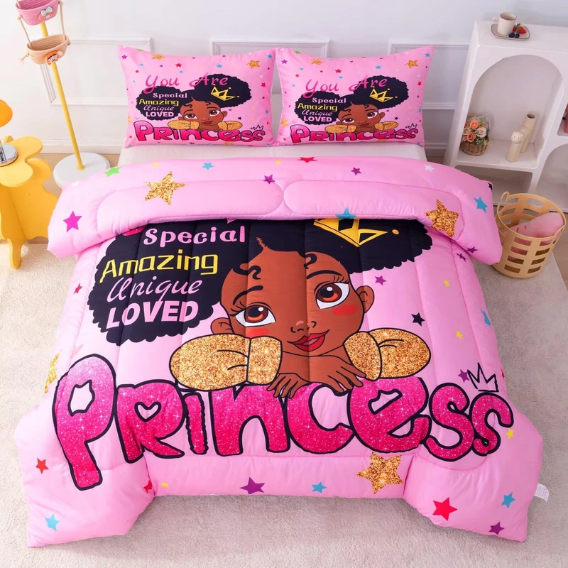 GRAT TIOC Black Duvet Cover Set Twin Size Magical Bedding Set for Black Girls and African American Girls Kids Toddler Cute Afro Princess Melanin Bedding Set