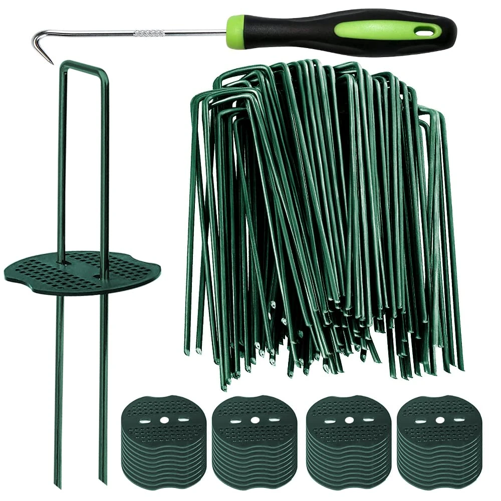 Bakulyor 50 Green Weed Control Membrane Pegs + 50 Buffer Washer, 6"/150mm Artificial Grass Pegs, Ground Pegs, Metal Garden Pins for Netting Matting Cover Fabric Barrier Landscape Staples Stakes
