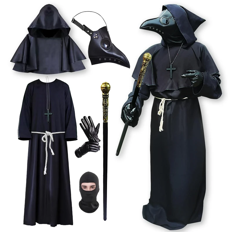 QGWJEKUI Plague Doctor Costume, Plague Doctor Mask, Cosplay Halloween Mask Costume for Adults Men Woman, Black