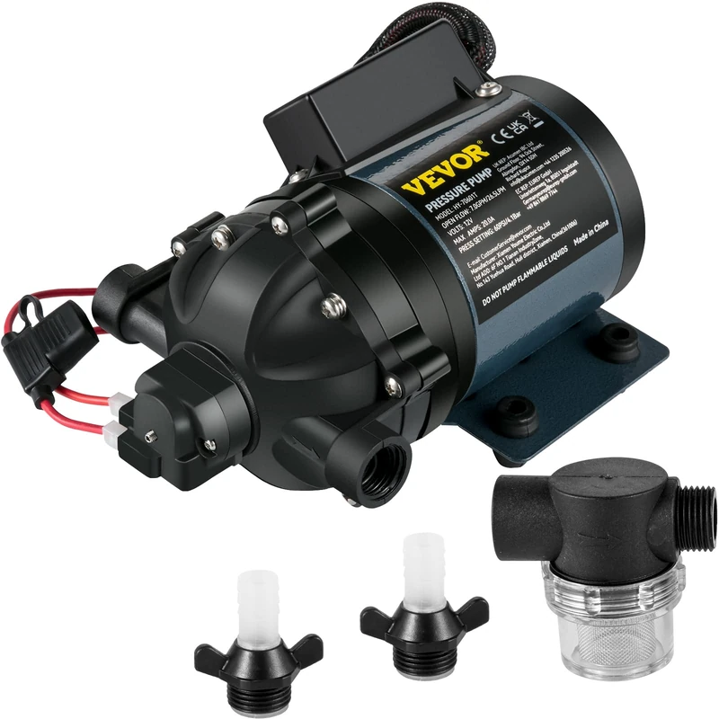 Vevor 7 GPM Washdown Pump, 12V DC, 7 GPM 60 PSI, Max. 10 FT Lift Self Priming Water Pump, w/EPDM Valve, Universal Salt Water Strainer & Female/Male Thread, for RV, Marine Deck, Yacht, Black