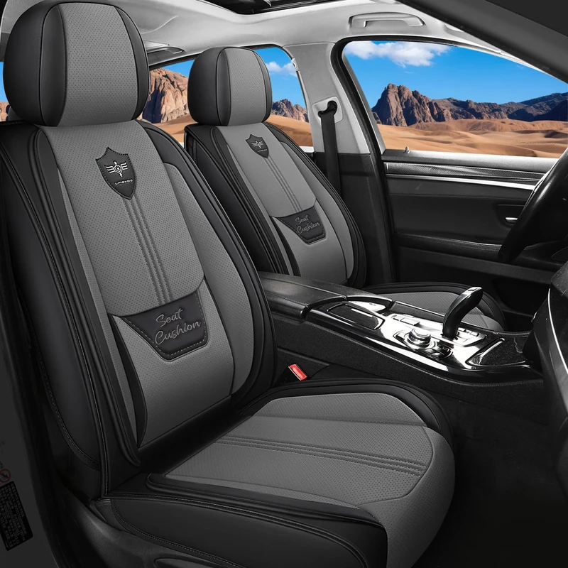 LINGVIDO Leather Car Seat Covers, Breathable Automotive Cover Cushion Accessories for Cars & SUV Truck Universal Fit Set(Grey Front Set)