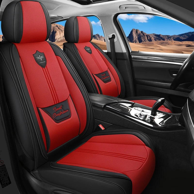 LINGVIDO Leather Car Seat Covers, Breathable Automotive Cover Cushion Accessories for Cars & SUV Truck Universal Fit Set(Black & red Front Set)