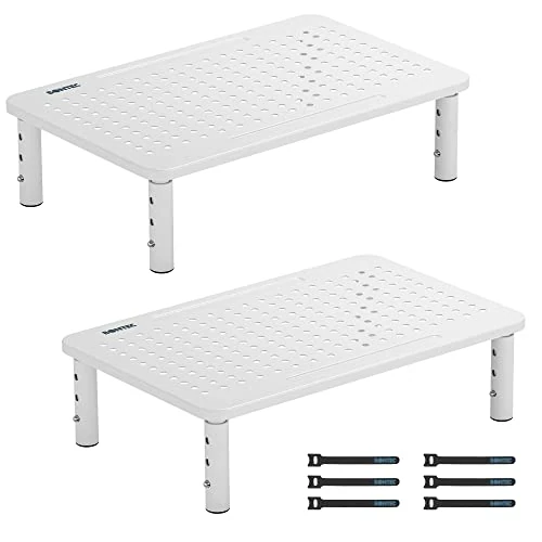 BONTEC 2 Pack Monitor Stand Riser, Computer Monitor Riser Stand with Mesh Platform for Laptop, Computer, iMac, PC up to 20kg with Pen Holder, Cable Management Slot, White