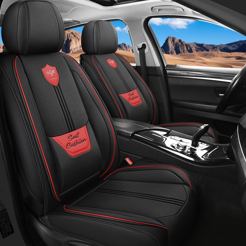 LINGVIDO Leather Car Seat Covers, Breathable Automotive Cover Cushion Accessories for Cars & SUV Truck Universal Fit Set (Black Full Set)