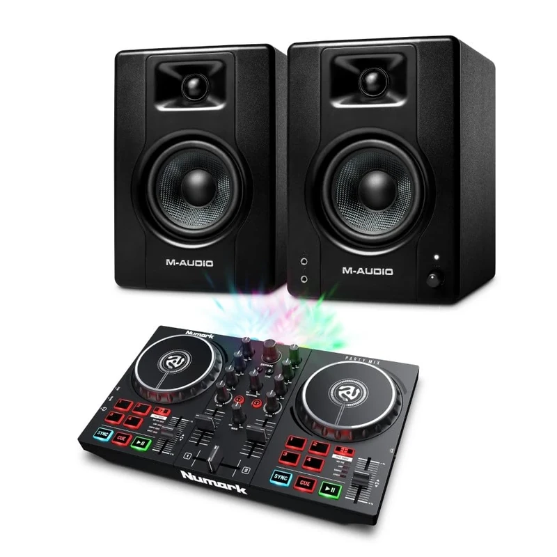Numark Party Mix II DJ Controller and M-AUDIO BX4 Pair Studio Monitors for Studio Recording, Music Production, Podcasting, Streaming
