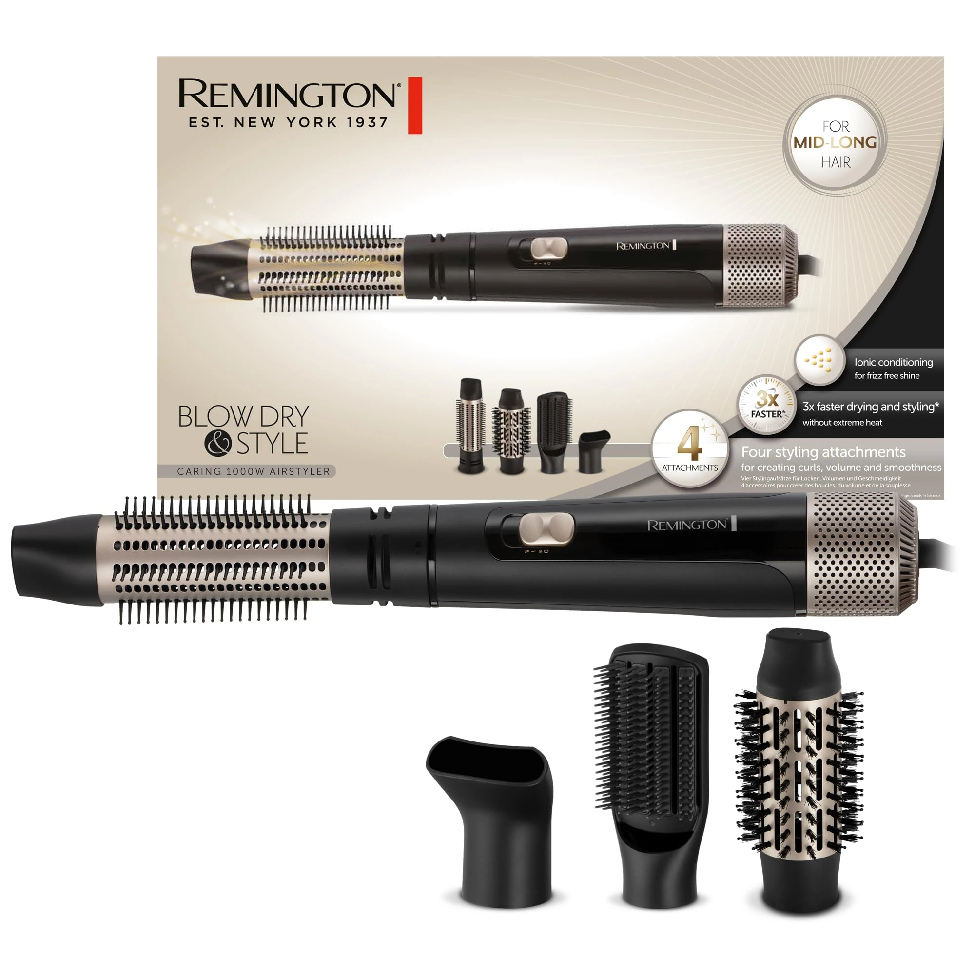Remington Hot Air Brush - 4 Accessories: Round Brush 38 mm and 50 mm, Styling Nozzle, Flat Brush - 1000W, Curly, Volume and Smooth Style for Medium Length Hair, AS7500