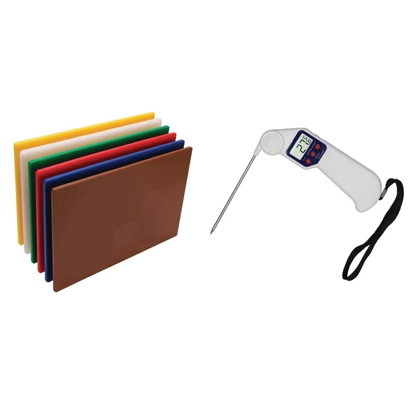Hygiplas Low Density Chopping Board Set (Pack of 6) & J242 Easytemp Colour Coded White Digital Temperature Measurement