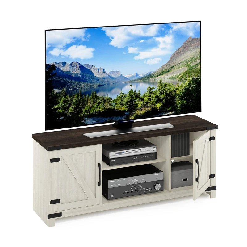 Furinno Jensen 2 Tone Farmhouse Barn Door TV Entertainment Cabinet with Storage for TV up to 70 Inch, Ebony/White Wash - Image 1