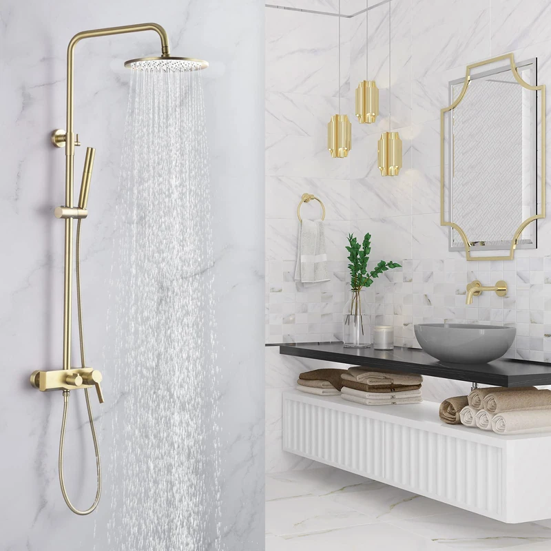 CHALIRS Brushed Gold Exposed Shower System with 2 Modes Handheld,3 Functions Tub Shower Faucet Sets with Brass Valve, Shower Fixture with 10 Inches Rainfull Shower Head,Shower Height Adjustable