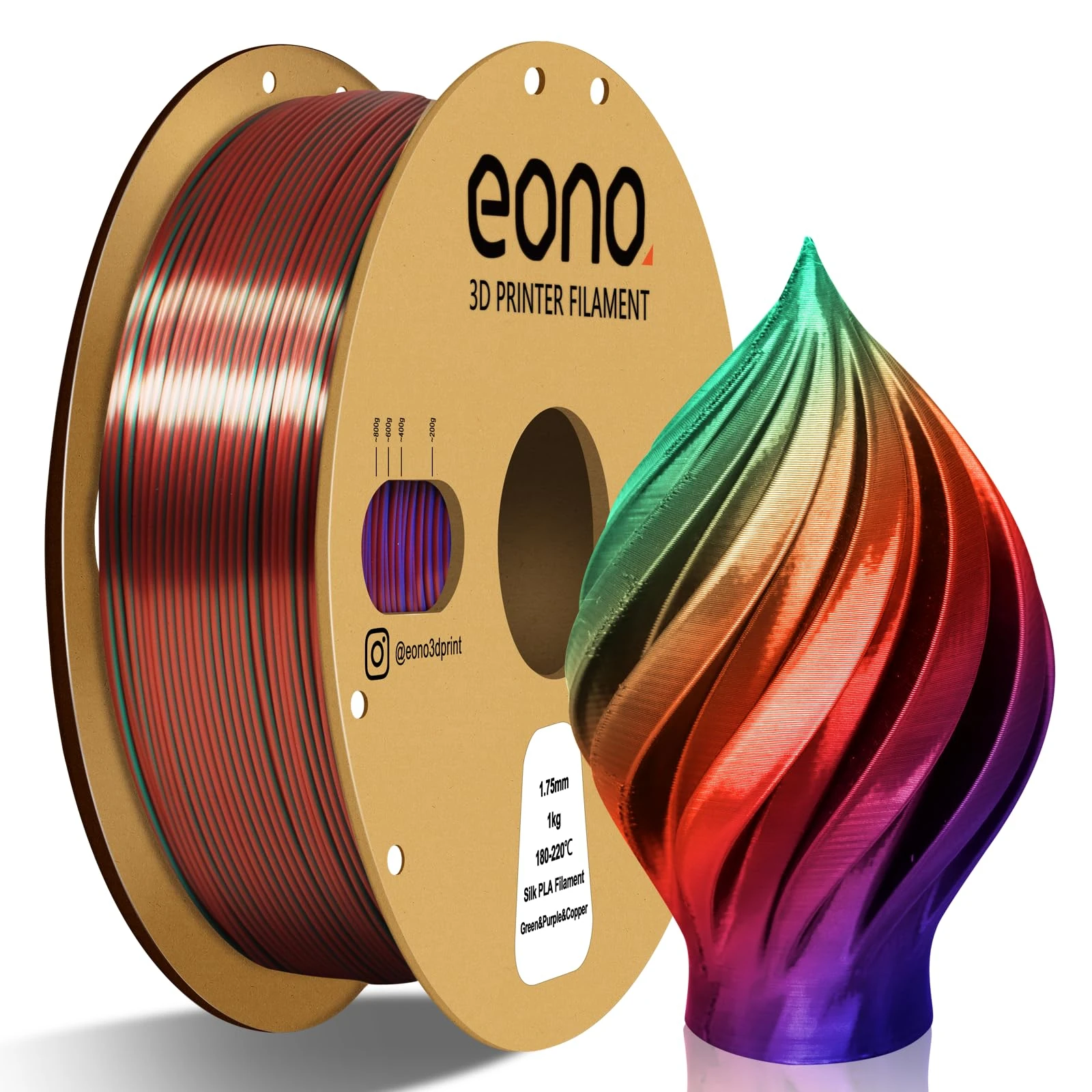 Eono PLA Filament 1.75mm Tricolor PLA 3D Printer Filament Coextrusion Like Rainbow 2.2lbs (1kg). Silk PLA Green/Purple/Copper.