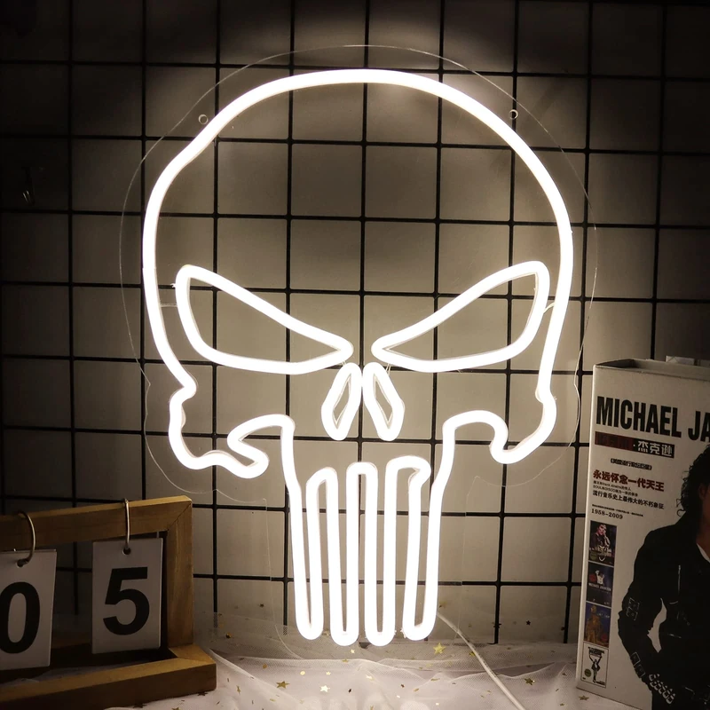 JFLLamp Skull Punisher Neon Signs for Wall Decor Punisher Logo Neon Lights for Bedroom Led Signs Suitable for Man Cave Living Room Bar Cafe Unique Gift for Lover, 5V USB Power 16.5 * 13 Inch(White)