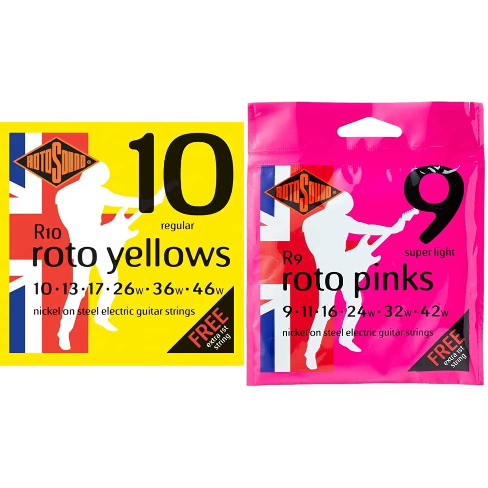 Rotosound R10 Nickel Regular Gauge Electric Guitar Strings (10 13 17 26 36 46), Pack of 7, yellow pack & Nickel Super Light Gauge Electric Guitar Strings (9 11 16 24 32 42), R9