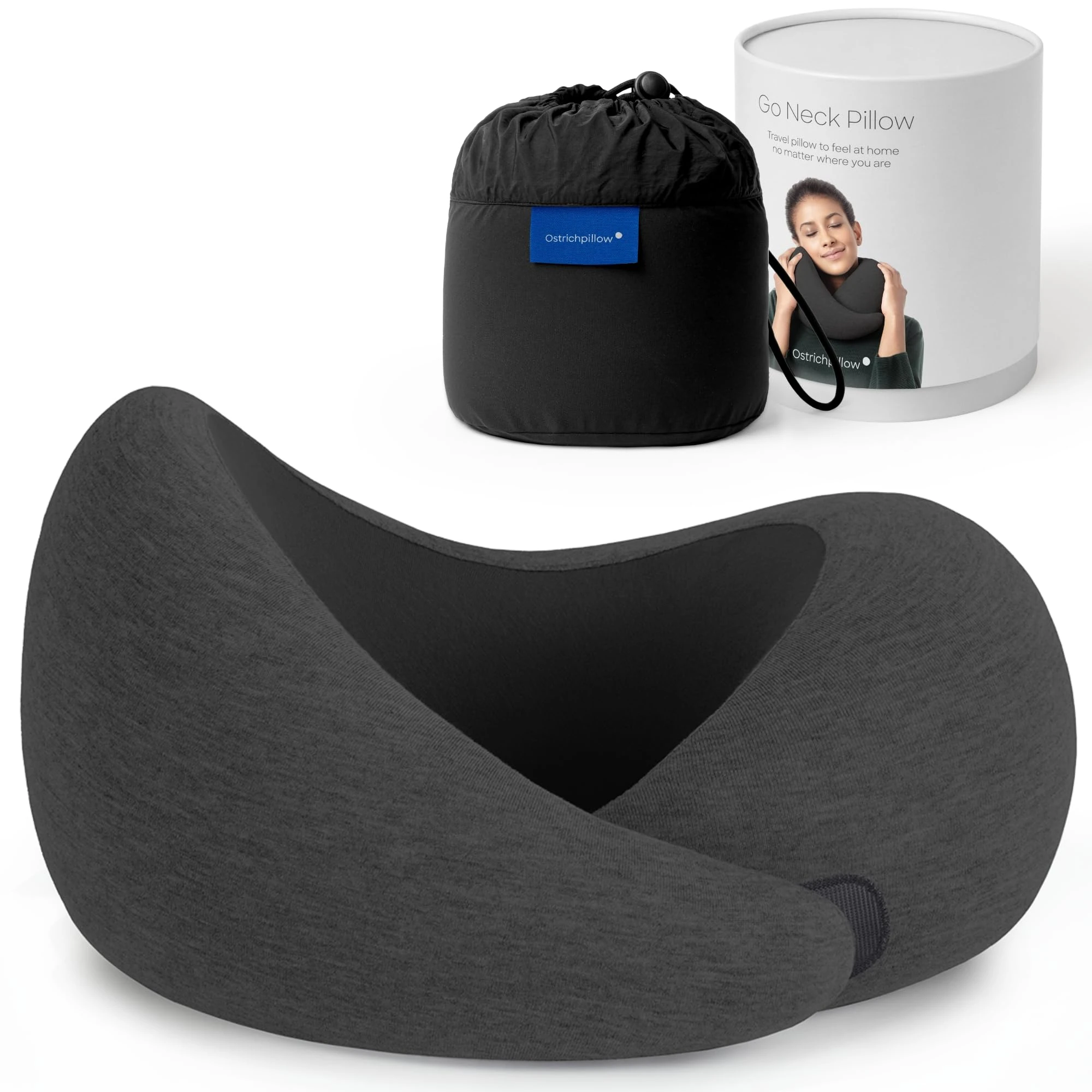 Ostrichpillow Go Neck Pillow - Premium Memory Foam Travel Pillow, 360º Ergonomic Design, Asymmetrical Sides, Travel Bag Included, Washable Modal Cover