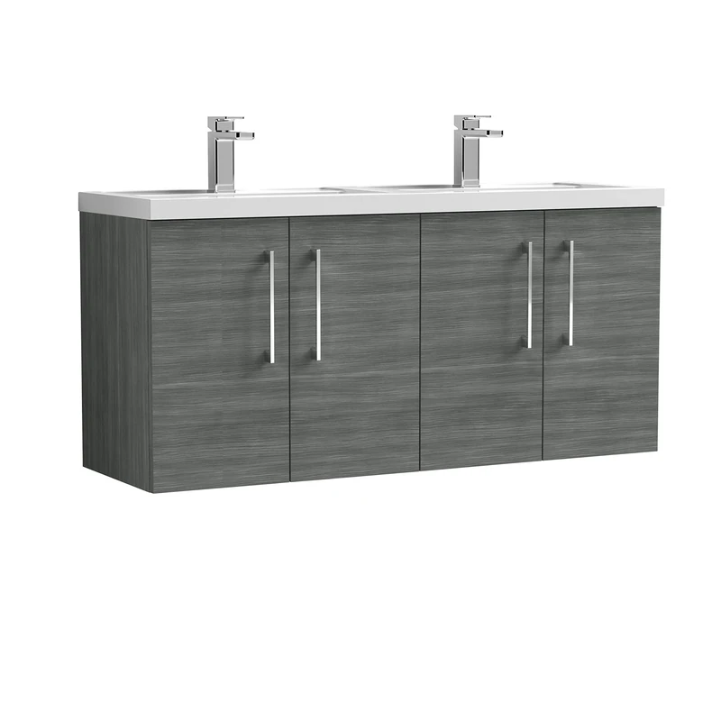 nuie ARN523C Arno Modern Bathroom Wall Hung 4 Door Double Vanity Unit with Twin Polymarble Basin, Anthracite