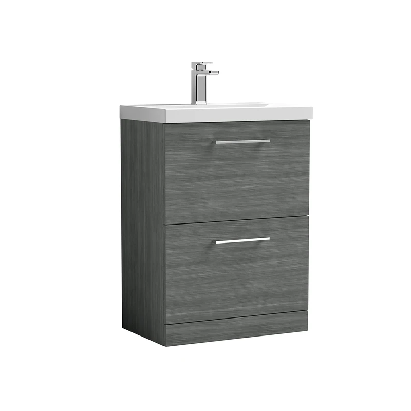 nuie ARN533A Arno Modern Bathroom Floor Standing 2 Drawer Vanity Unit with Mid-Edge Ceramic Basin, 600mm, Woodgrain Anthracite