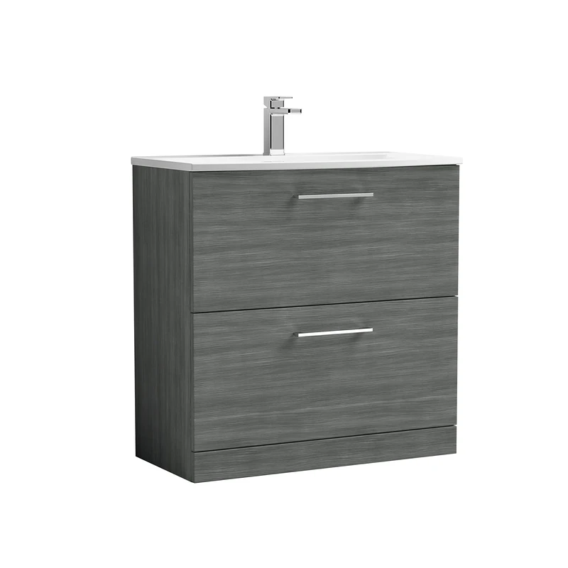nuie ARN535G Arno Modern Bathroom Floor Standing 2 Drawer Vanity Unit with Curved Ceramic Basin, Anthracite